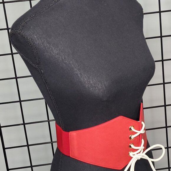 Women's LCF Steampunk Red and White Lace-up Elastic Waistband Corset Belt - Picture 12 of 17